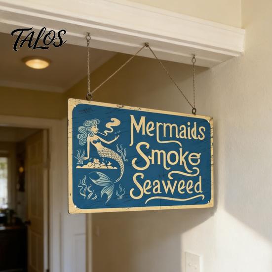 Handcrafted Metal Sign Mermaids Smoke Seaweed Rustic Wall Vintage Decorative Funny Doorbell Retro Nautical Art for Bedroom Living Room Coastal