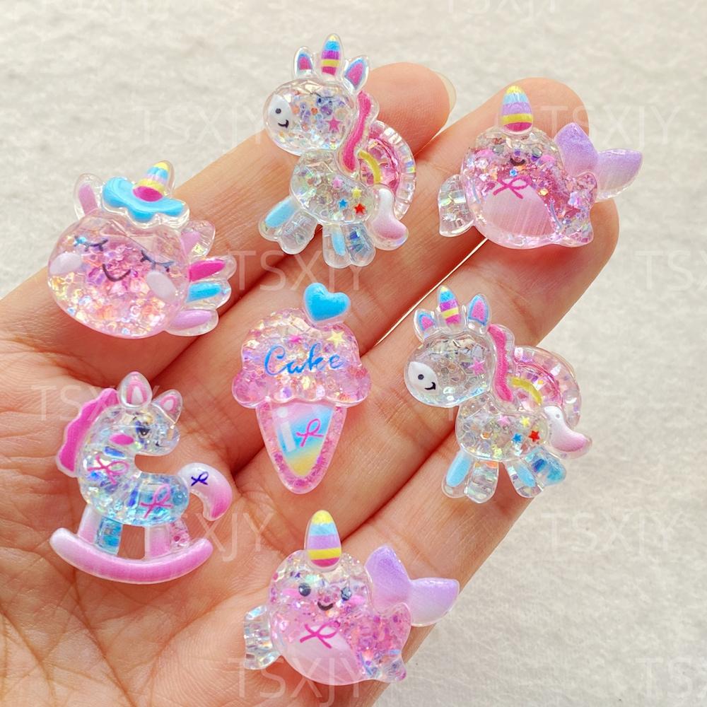 10PCS New Cartoon Colored Unicorn Horse, Ice Cream Flat Back Cabochon Stone Scrapbook DIY Decor Figurines Crafts Accessories