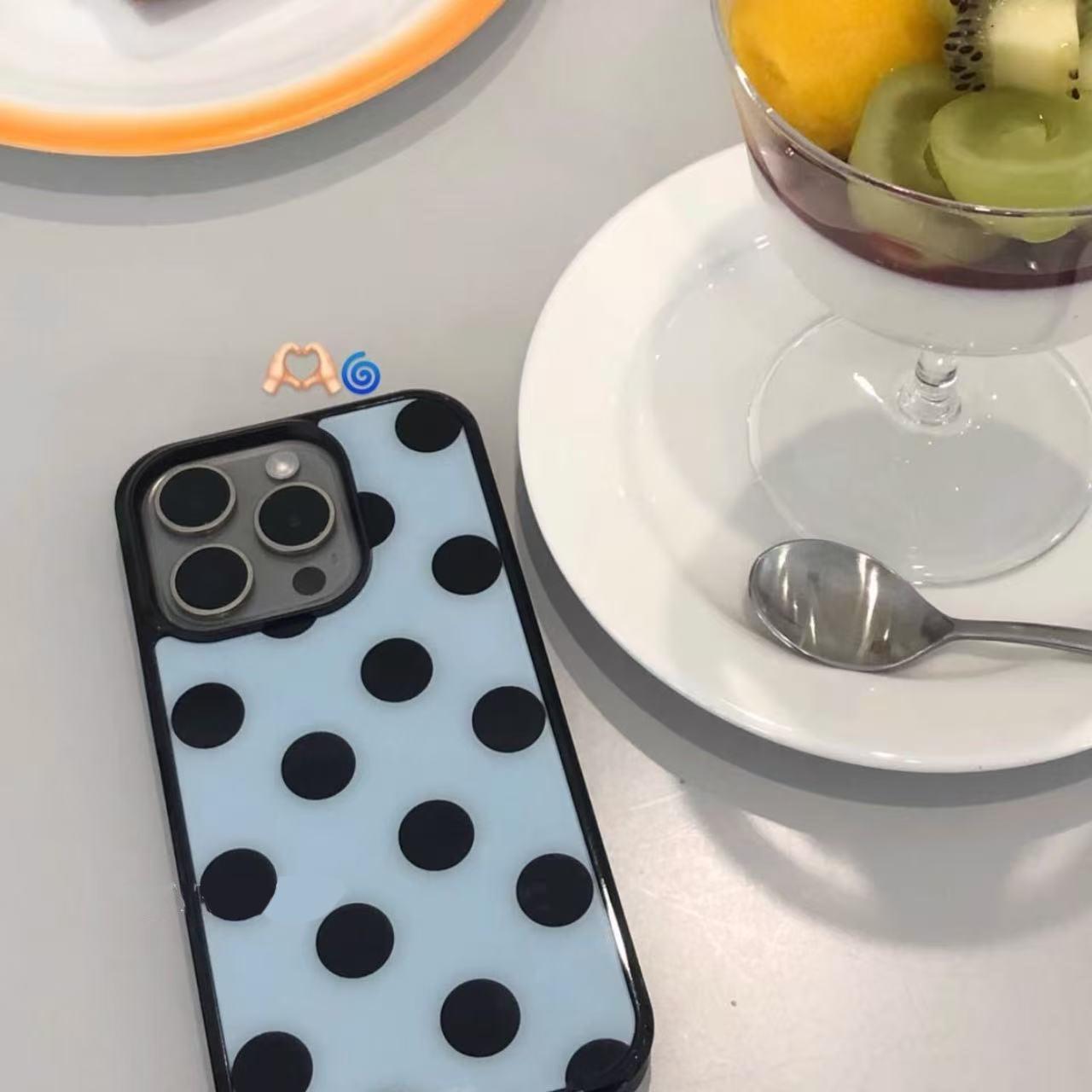 

Korean Style Polka Dot iPhone 17 Case, Blue with Black Frame, Compatible with 16 Pro Max, 13, 11 iPhone 11