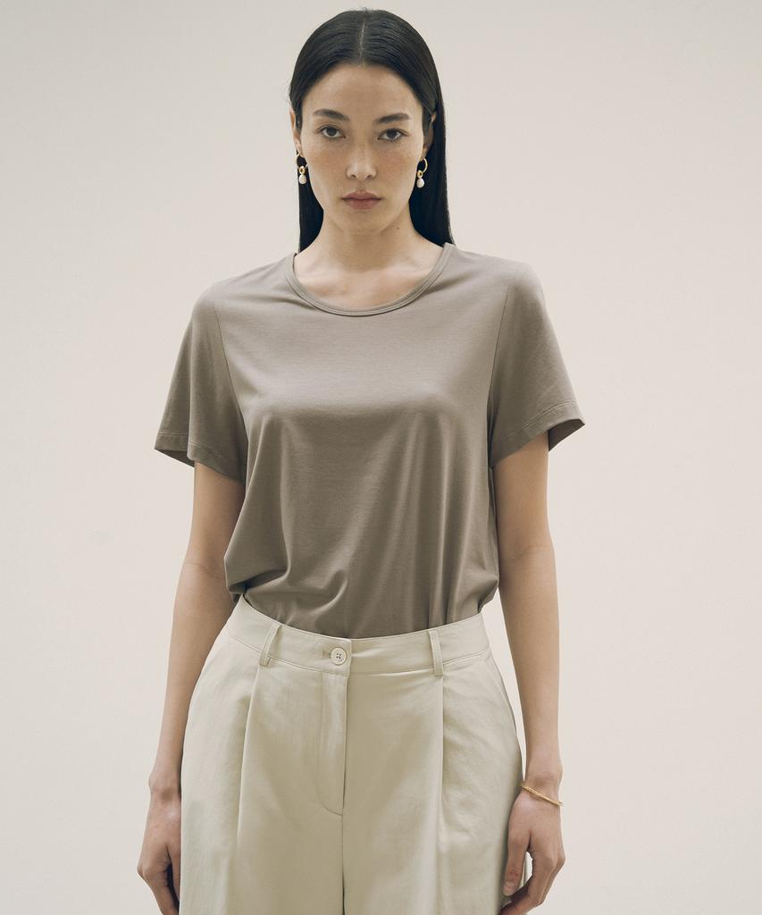 Siyajyu Sitp5154 Silket Loose Fit U-Neck Short Sleeve T-Shirt_Khaki Brown