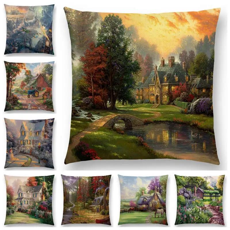 Newest American Countryside Oil Painting Cushion Cover Beautiful Scenery The Castle Lighthouse Sofa Throw Pillowcase