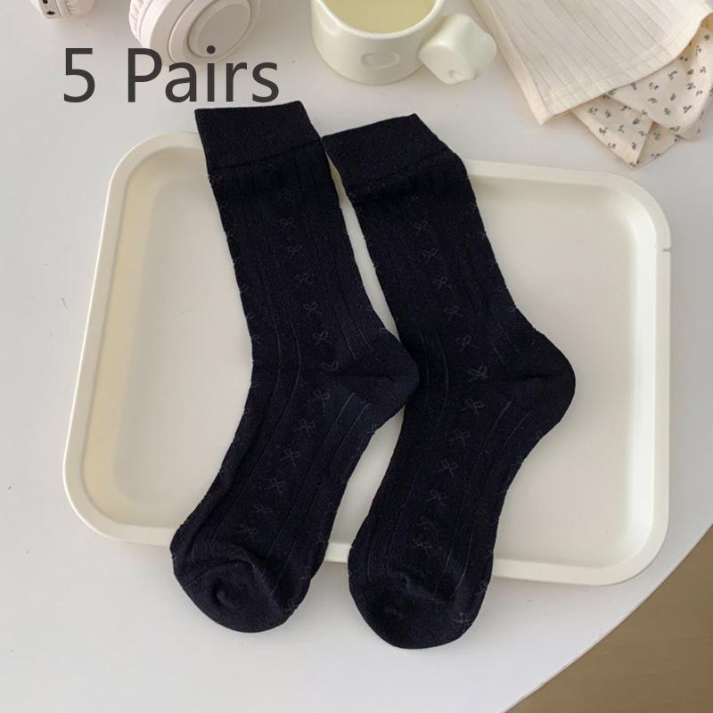 5 Pairs of Women Spring and Summer Thin Sweet Simple Bow In The Tube Pile Socks