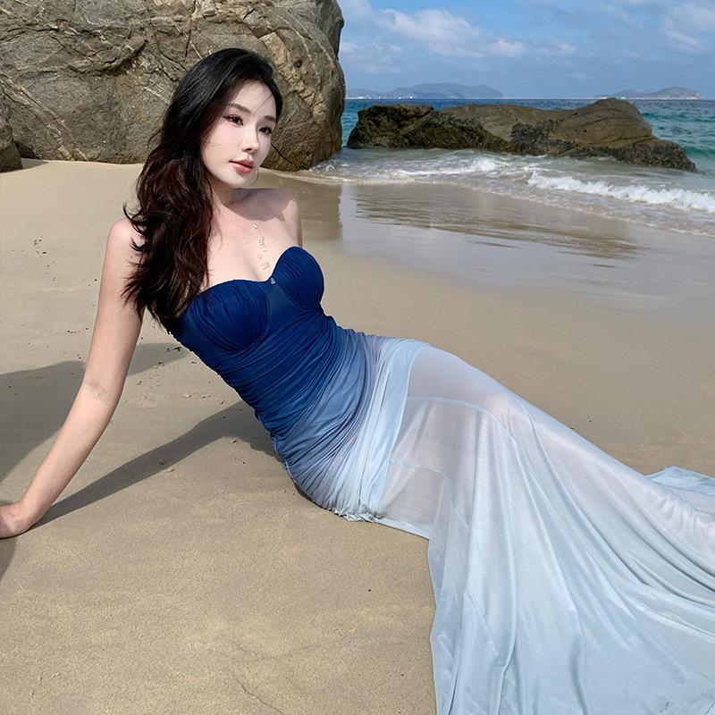 Gradually Change Blue Pure Desire Vacation Style Niche High Sense Slim Hip Fish Tail Tube Top Mesh Dress