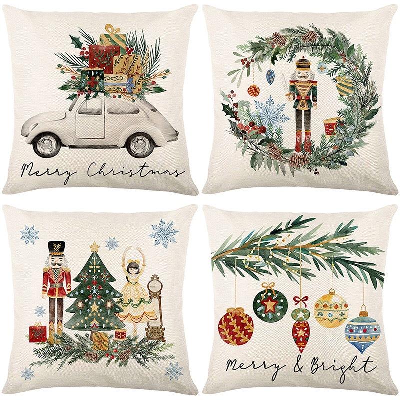 Christmas Theme Short Plush Pillow Cover Set Holiday Print Cushion Case for Living Room Sofa Home Decor 45x45cm