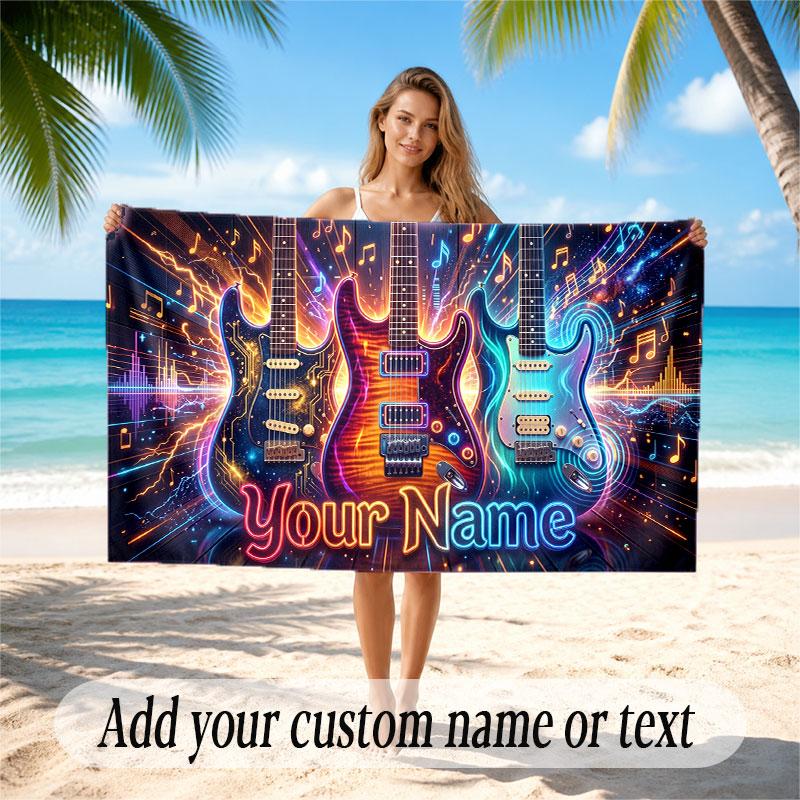 Music Guitar Theme Beach Towel Personalized Custom Name & Text Soft Quick Dry Beach Towel for Swimming Travel