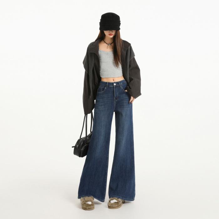 Spice girl four-sided elastic retro horn jeans autumn and winter new high waist loose and thin, not close to the legs slightly pull pants women