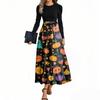 Women's Fashion Casual Belted Long Sleeve Round Neck Halloween Printed Elegant Temperament Dresses