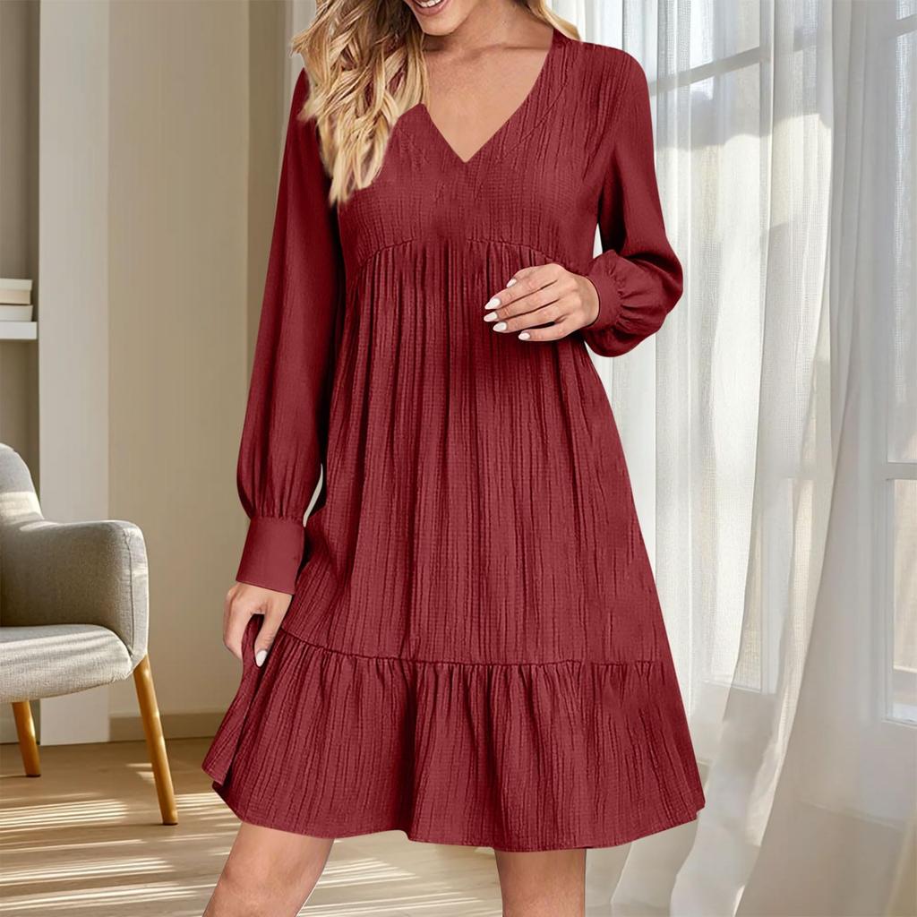 Women Casual V Neck Pleated High Waist Long Sleeve Loose Fit Dress with Ruffle Hem Lightweight Comfortable Fabric Suitable for Daily Wear