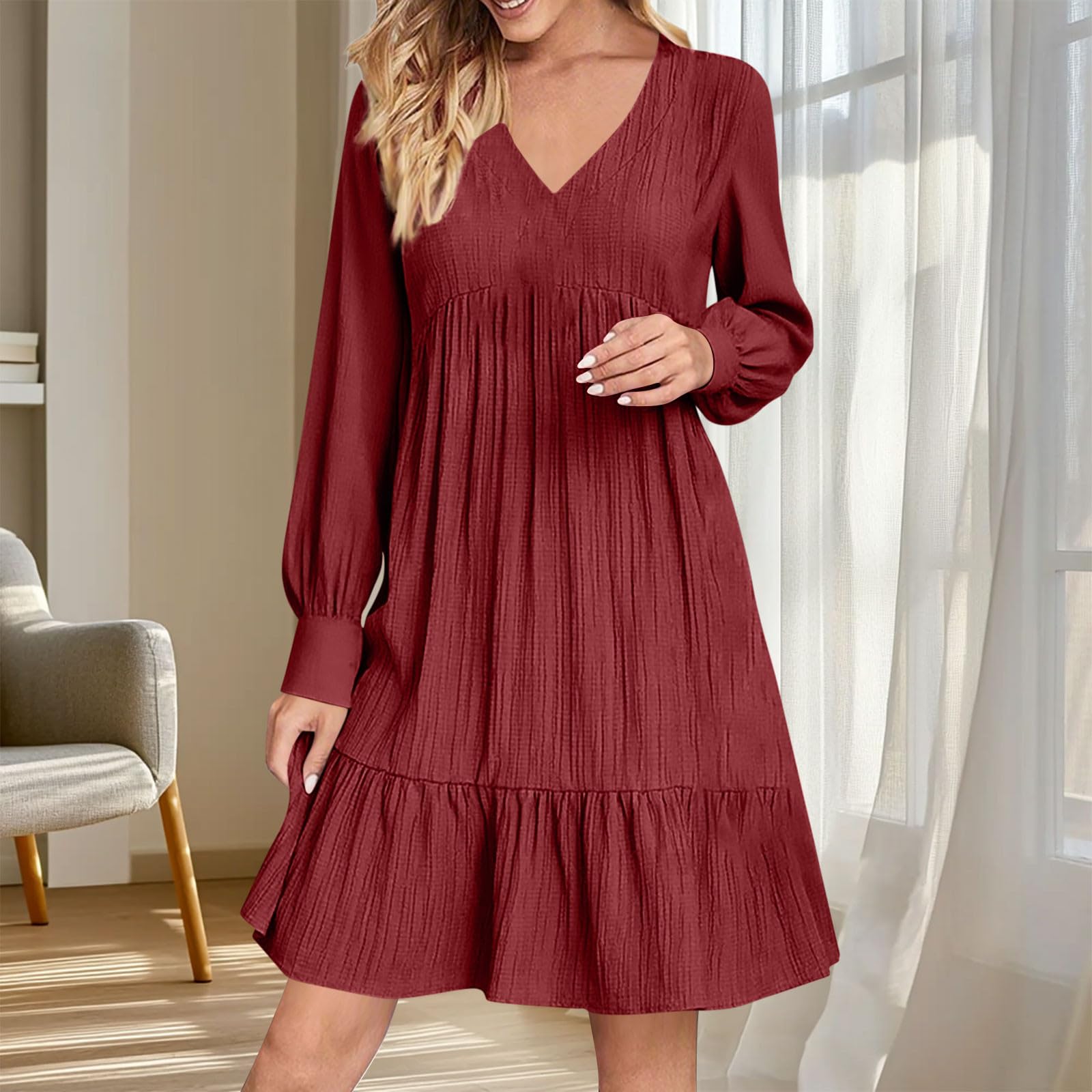 Women s Casual Fashion V-neck Pleated High Waist Lace Long Sleeve Loose Dress M винный