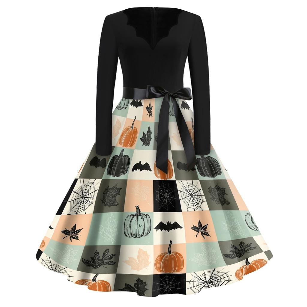 Women Casual Vintage V Neck Dress Halloween Printed Long Sleeve Fit Flare Midi Dress with Waist Tie for Seasonal Wear
