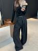 Lu Sheng Unisex Black Striped Wide-Leg Trousers with 3D Slimming, American Style, Drape Silhouette