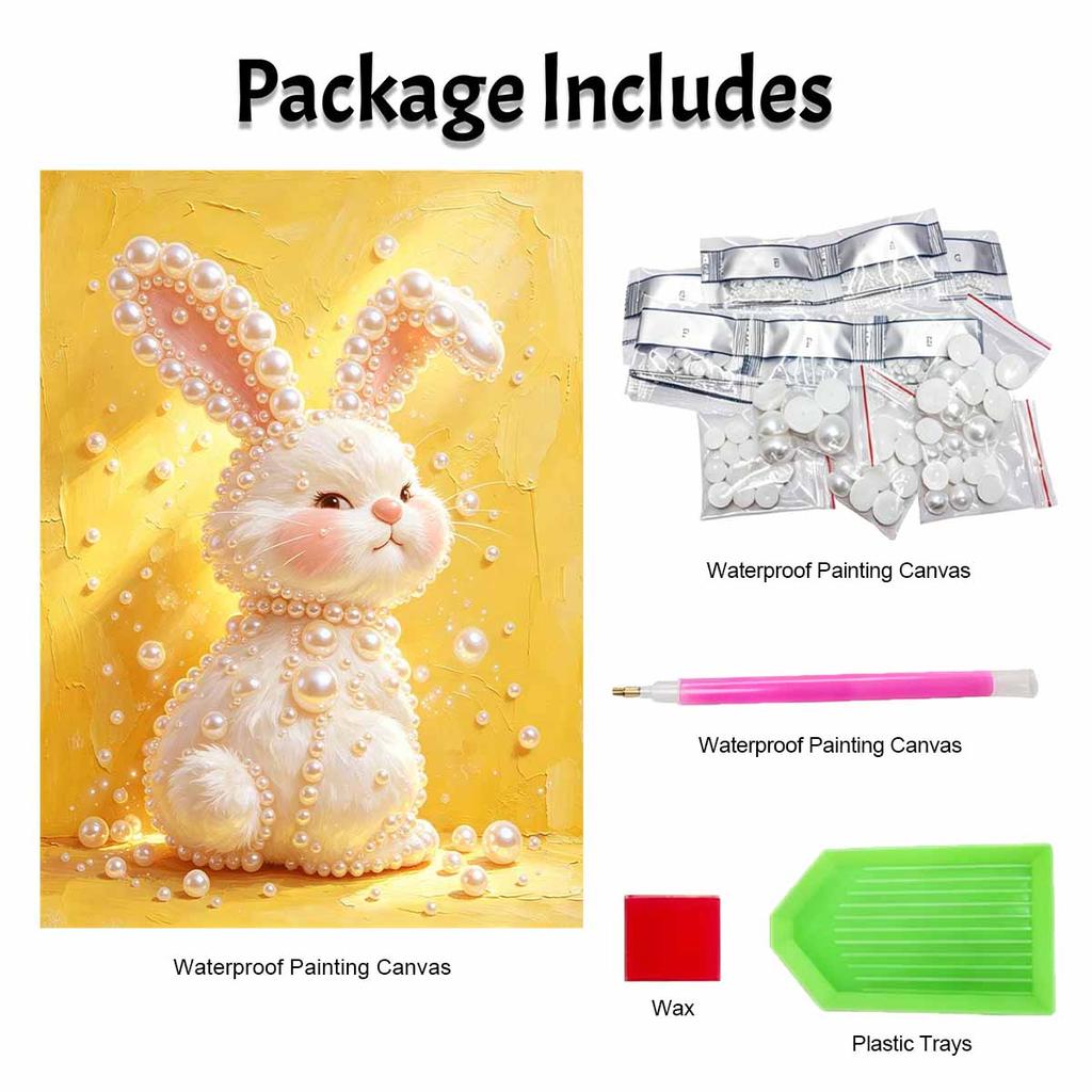 DIY 5D Pearl Bead Painting Kit with Frame Cute Rabbit in Yellow Shiny Canvas Art for Bedroom Wall Decor and Gift for Home Decoration