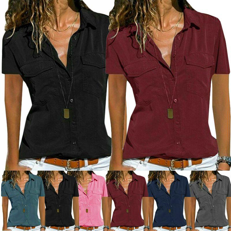 Women V Neck Short Sleeve Shirt Blouse Ladies Summer Tshirt Tops Tee Size Plus