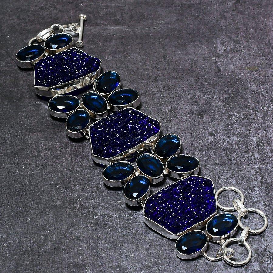 Blue Moldavite Quartz, Iolite Handmade 925 Sterling Silver Bracelet 7-8" v6Z00