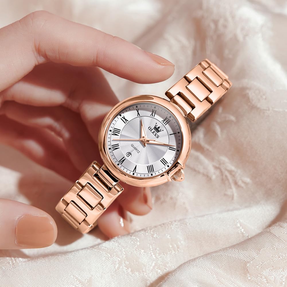 OLEVS Women's Quartz Watch, Cute, Lightweight, Stainless Steel, Waterproof, Luminous, Gift, Rose Gold & White