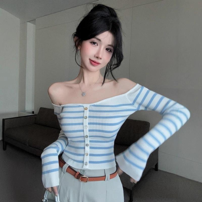 Sexy One-word Shoulder Striped Long-sleeved Knitted Sweater Women's Autumn New Pure Desire Spice Girl Slim-fitting Short Top