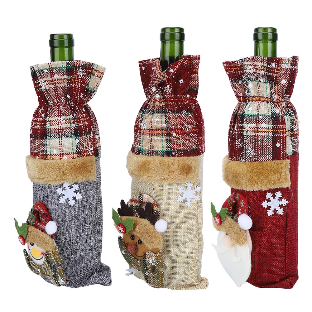 3Pcs Grid Pattern Linen Wine Bottle Cover Red Wine Champagne Bottle Bag Christmas Decoration