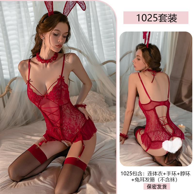  Original Erotic Underwear Bunny Girl Sexy Lace Seductively Jumpsuit Open-crotch Uniform See-through Pajamas 1025