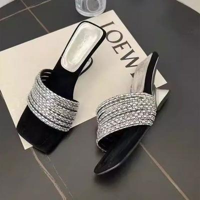 French Temperament Exquisite Rhinestone Word with Slope Heel Cool Slippers Summer Fashion Wear High Heels Slippers Square Head Sandals
