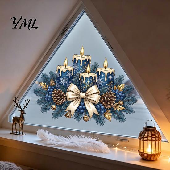 Winter Holiday Glass Stickers Christmas Candle Static Stickers, Removable Window Cling with Bow Pinecone And Pine Decorative Branch Clings Pattern,