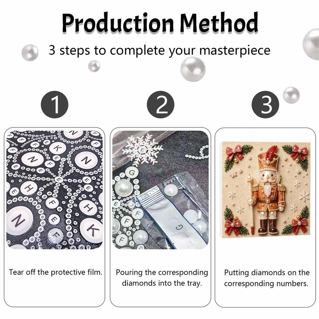 Framed Pearl Art DIY Kit with Christmas Nutcracker Pattern 3D Sparkling Bead Canvas Painting Handmade Gift for Home Decoration Wall Art Craft