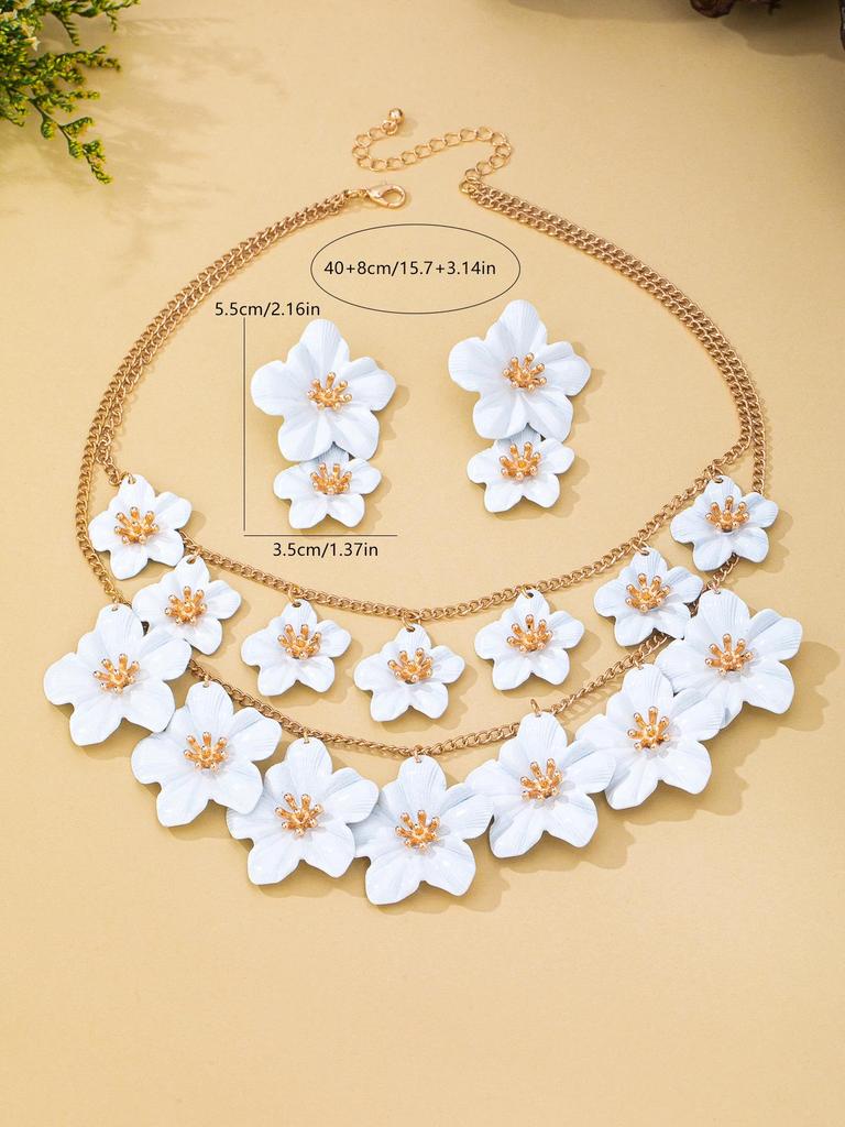 Exquisite Double Flower Necklace & Three-Dimensional Floral Earrings Set