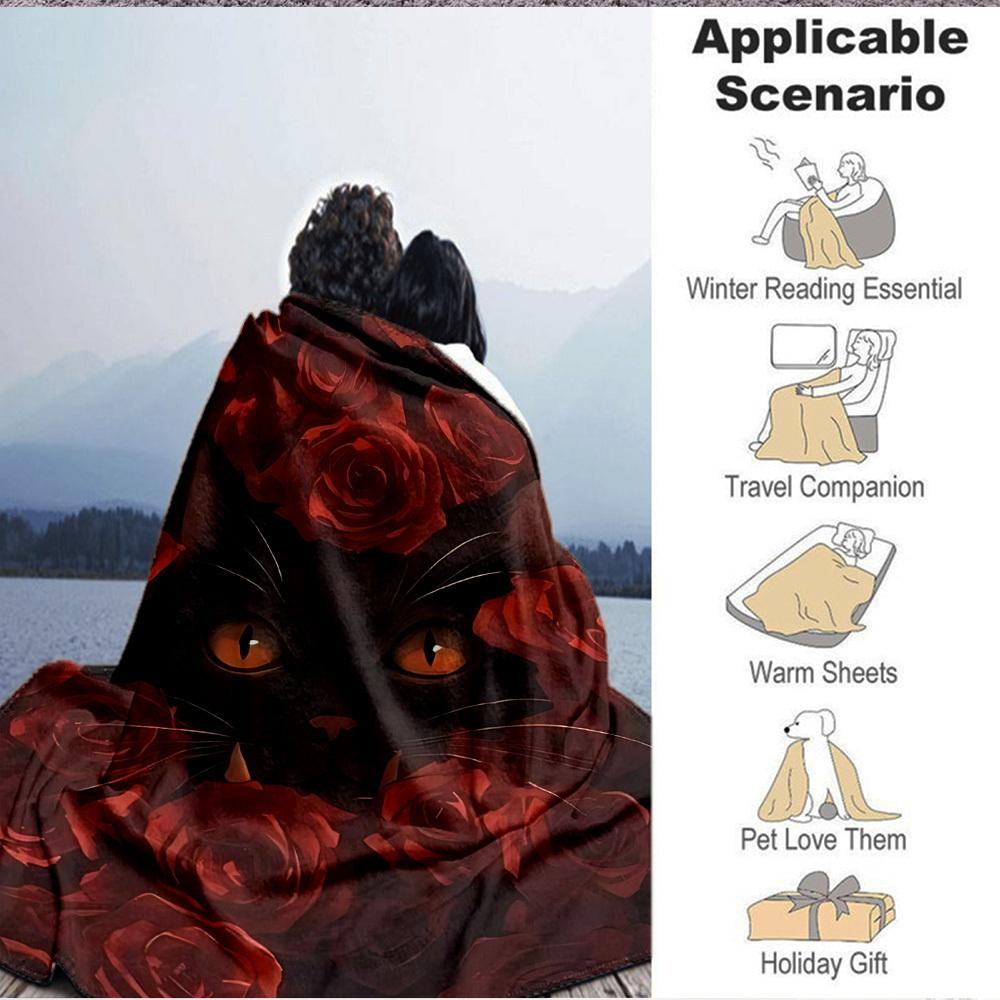 1PC Black Cat Roses Blanket, Throw For Sofa, Bed, Travel, Camping, Livingroom, And Bed, Printing Blanket With Soft And Warm Fabric yy250918202