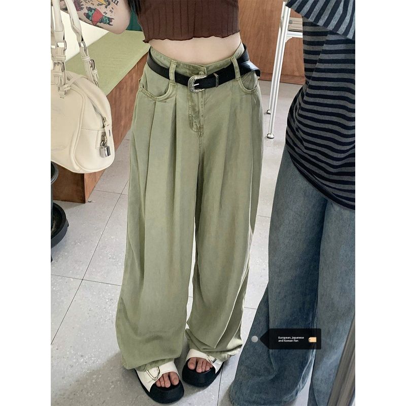 

Dopamine Wear Retro Green Mop Denim Female Summer Plus Size High Waist Loose Drooping Wide-Leg Pants Tide Light green XL [Suggested 60.00 kg-67.50 kg]]