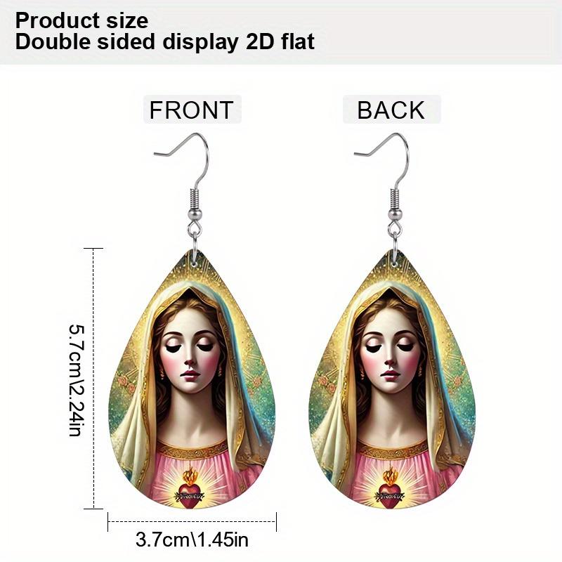 Elegant Our Lady with Angel PU Drop Dangle Earrings, Inspiration Jesus Theme Double Sided Hoop Earring,