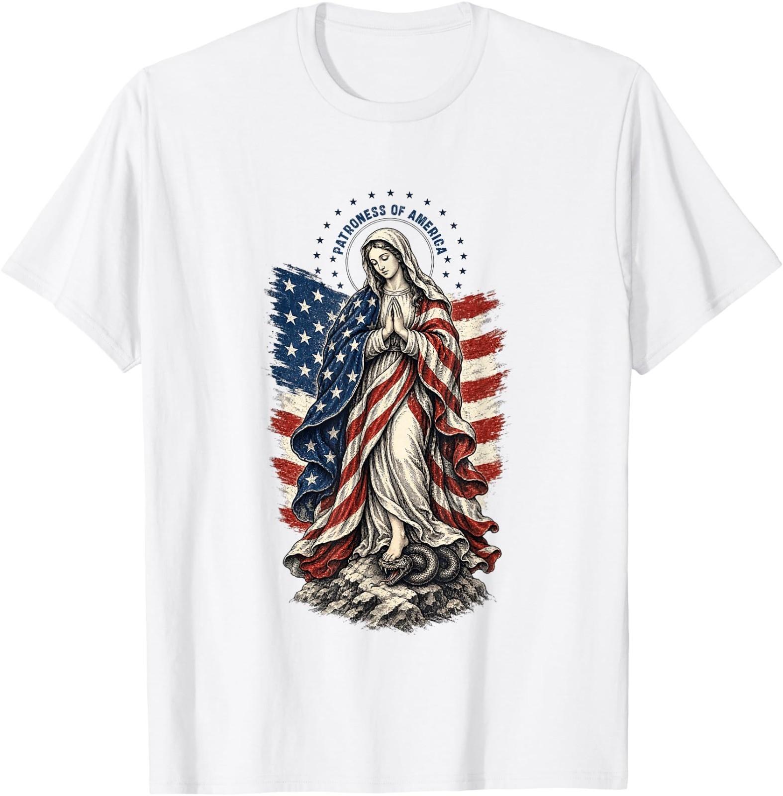 Patroness of America Virgin Mary July 4th US Flag Catholic T-Shirt L
