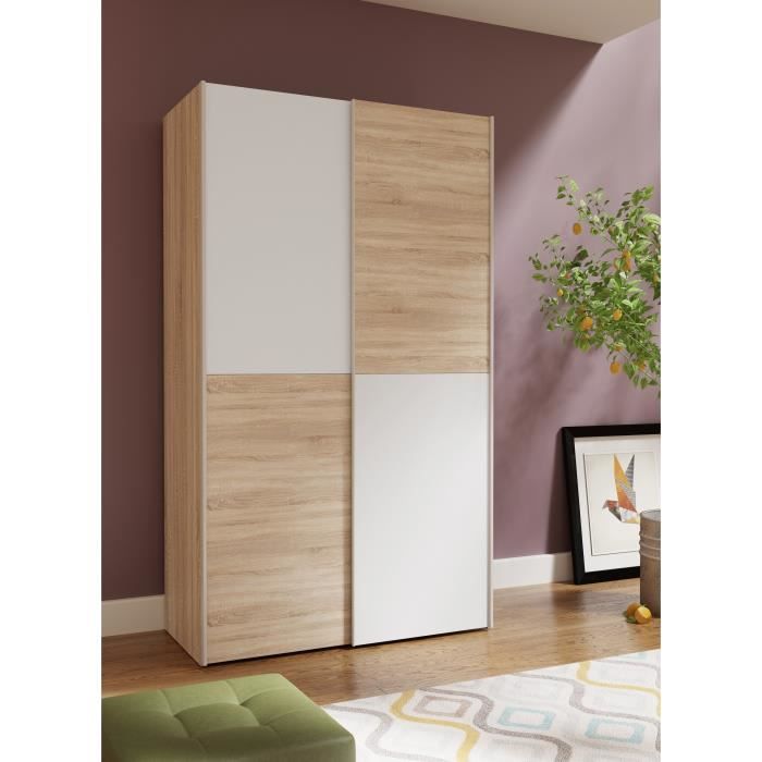 Wardrobe with 2 Sliding Doors - Particle Board - Matt White and Oak Decor - L 120 X D 61.2 X H 190.5 Cm - OZZULA