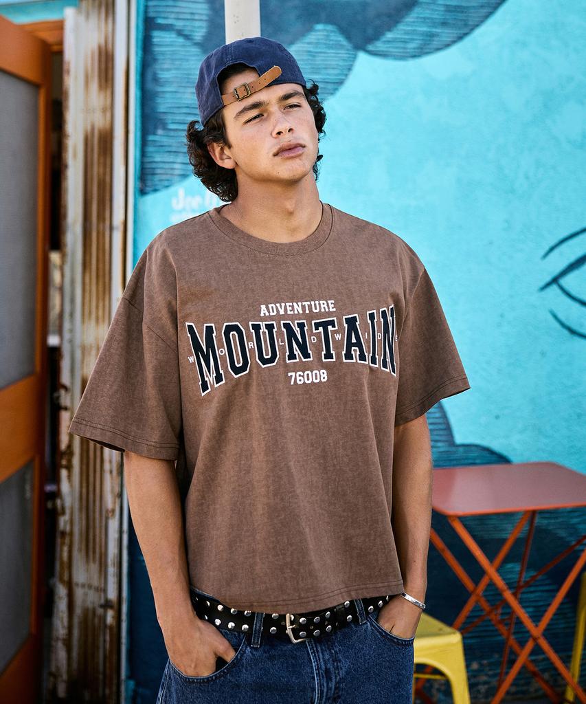 Peullukeu Crop World Mountain Embroidered Logo Pigment Short Sleeve T-Shirt Brown Fst741C