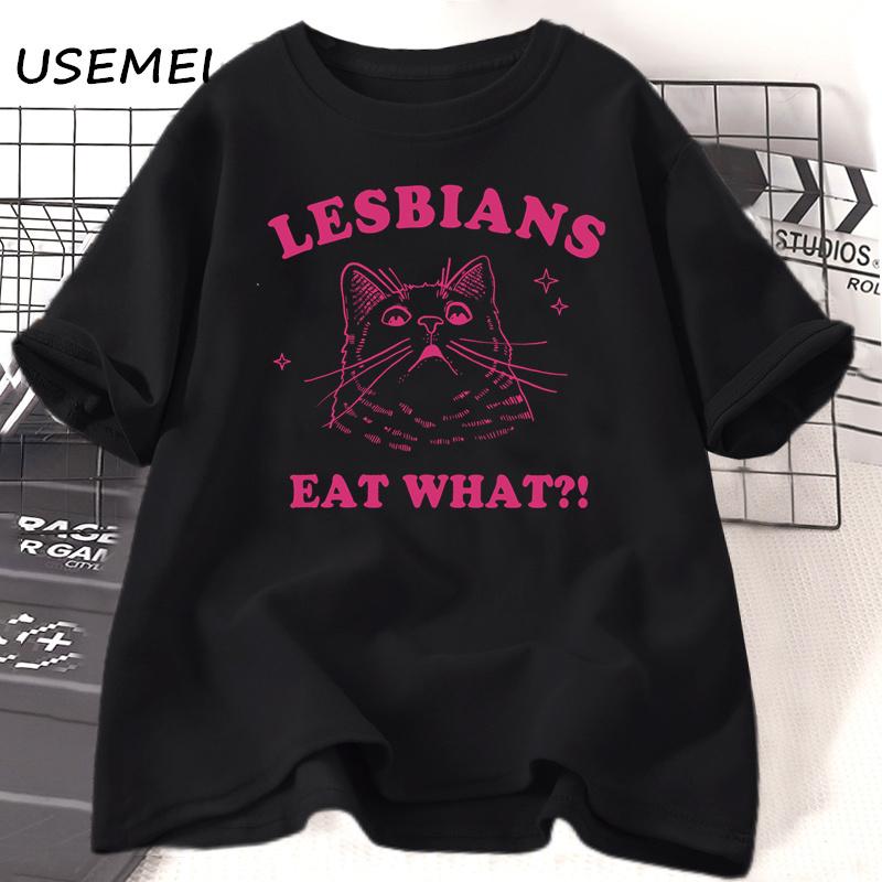 LGBT Lesbians Eat What Cat T Shirts Funny Gay Pride T-Shirts LGBTQ 90s Cat Lover Graphic T Shirts Aesthetic Women's Clothing Top