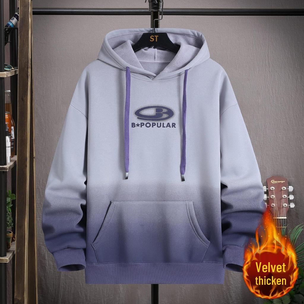 Gradient Color Block Hooded Sweatshirt for Boys, Junior High & High School Students - Plus Velvet, Thickened, Autumn/Winter Outerwear for Teens