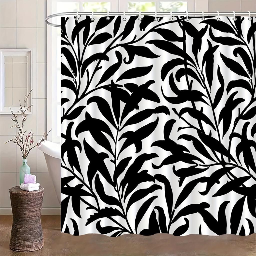 1pc Simple modern black and white printed shower curtain, polyester fabric, machine washable, suitable for bathroom decoration