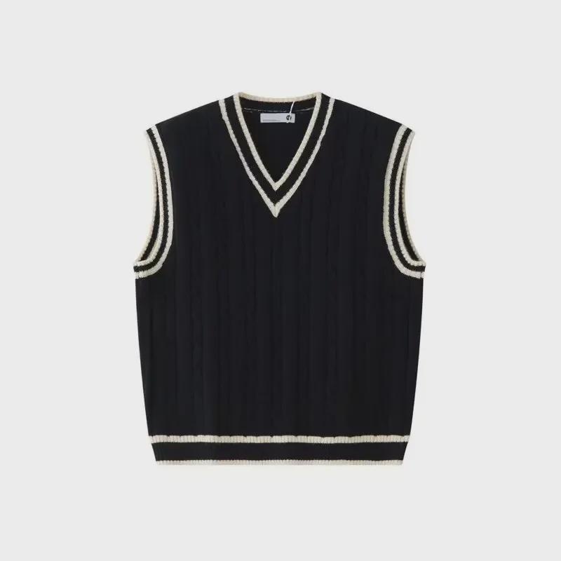 Pánský retro V-výstřih vysokoškolský styl copánkový vzor kontrastní bez rukávů svetr vesta na podzim a zimu