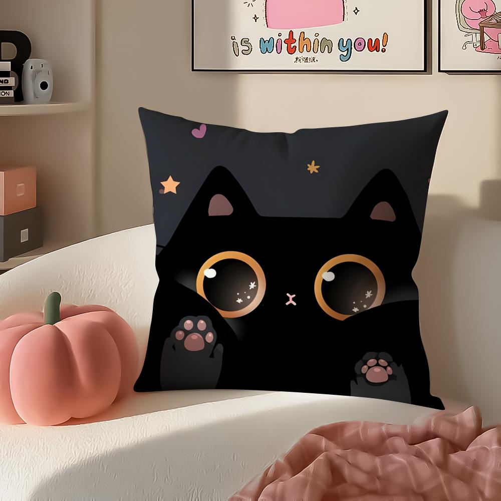 Cute Tiny Adorable Art Cartoon Little Black Cat Cushion Cover Pillowcase Short Plush Invisible Zipper Room Sofa Cushion Cover