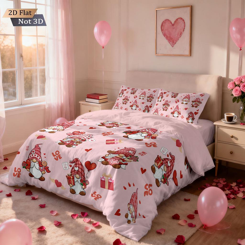 3-teiliges Valentinstag Romantische Liebe Goblin-Druck Daunendeckenbezug-Set Mehrere Größen Schlafzimmer Bettwäsche Dekoration Maschinenwaschbar