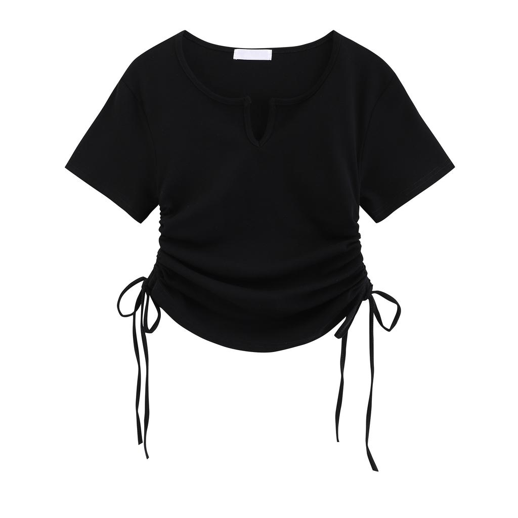 Solid Color Short Slim V-neck Short-sleeved T-shirt Women's New Korean Style Design Niche Shoulder Top