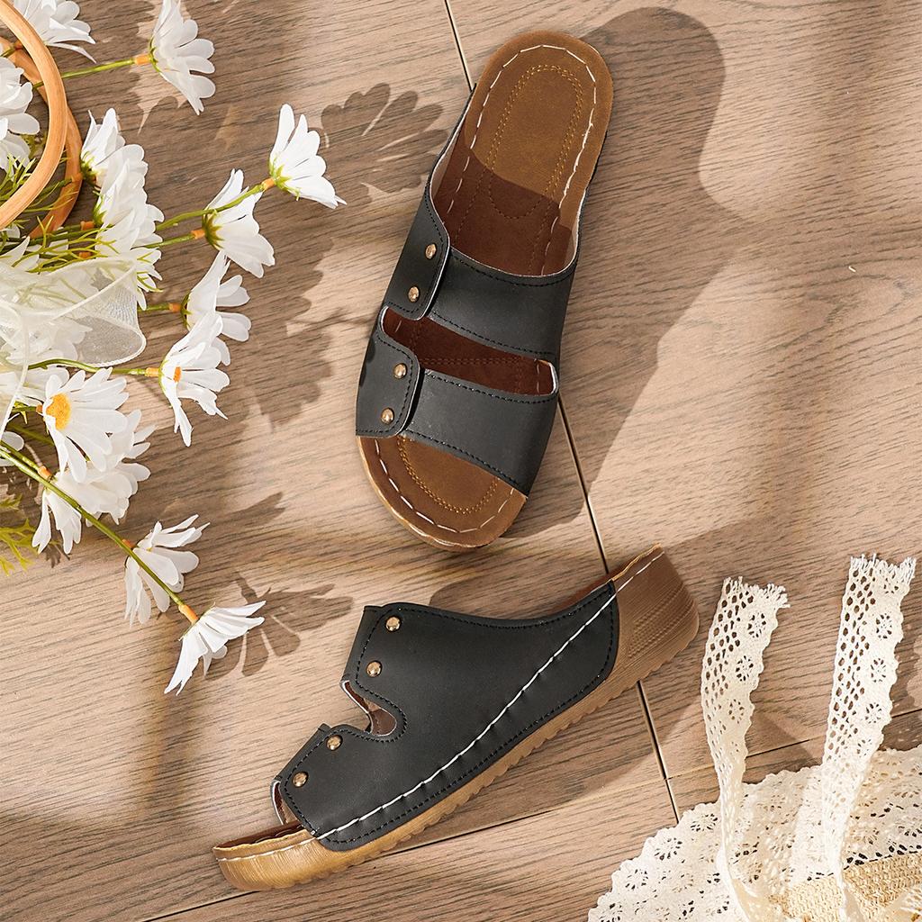 Mode 2025 Nya Damsandaler, Damslippers med öppen tå, Trendiga och avslappnade sommar-nitslippers med bekväm kilklack