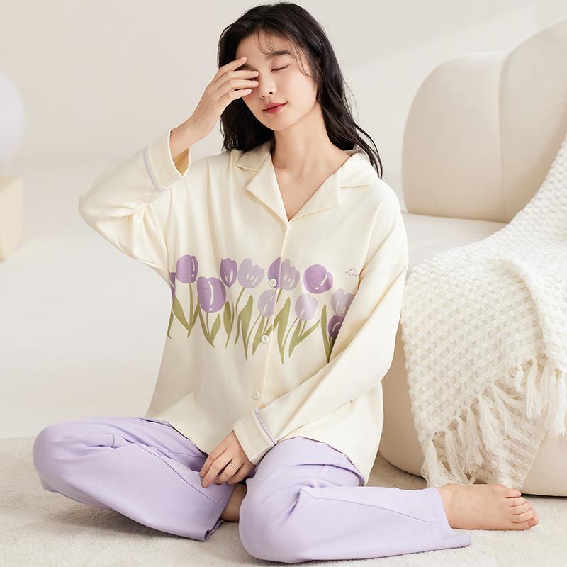 Purple Tulip Pajamas Set Women Sleepwear Cotton Long Sleeves Long Pants Autumn Winter Girl Pyjamas Soft Pijamas Cozy Button Cute