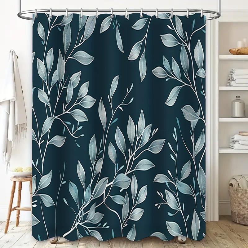 Modern Grey Leaf Print Shower Curtain Waterproof Bath Rug Decorative Home Decoration Blue White