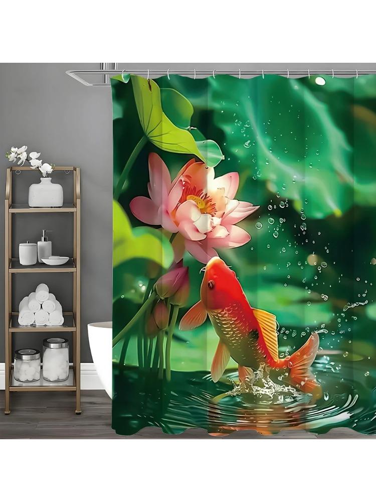 

Summer Lotus Leaf Red Carp Shower Curtain, Bathroom Decorative Shower Curtain, Waterproof Shower Curtain With Hooks W60H190(CM)-1 Pcs