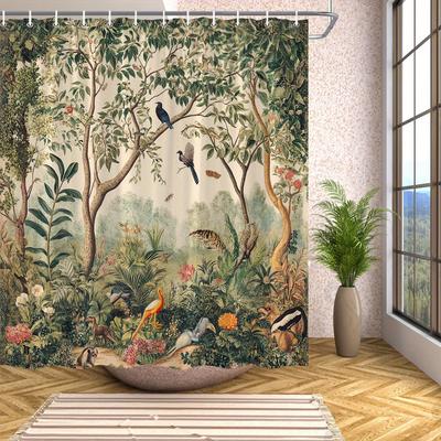 1 Stück Botanischer Dschungel Duschvorhang - Tropisches Wald Design, Exotische Vögel & Tiere, Üppiges Grün, Rot-Orange Blüten, Polyester