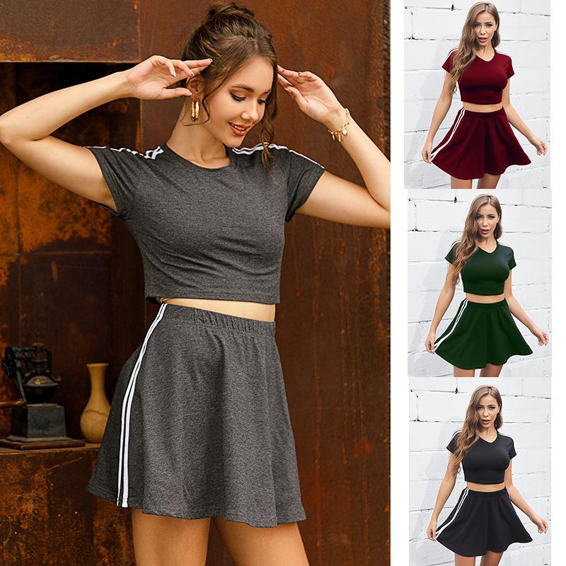 Women Summer Leisure Sports Suit Solid Color Short T-Shirt A-Line Skirt Suit