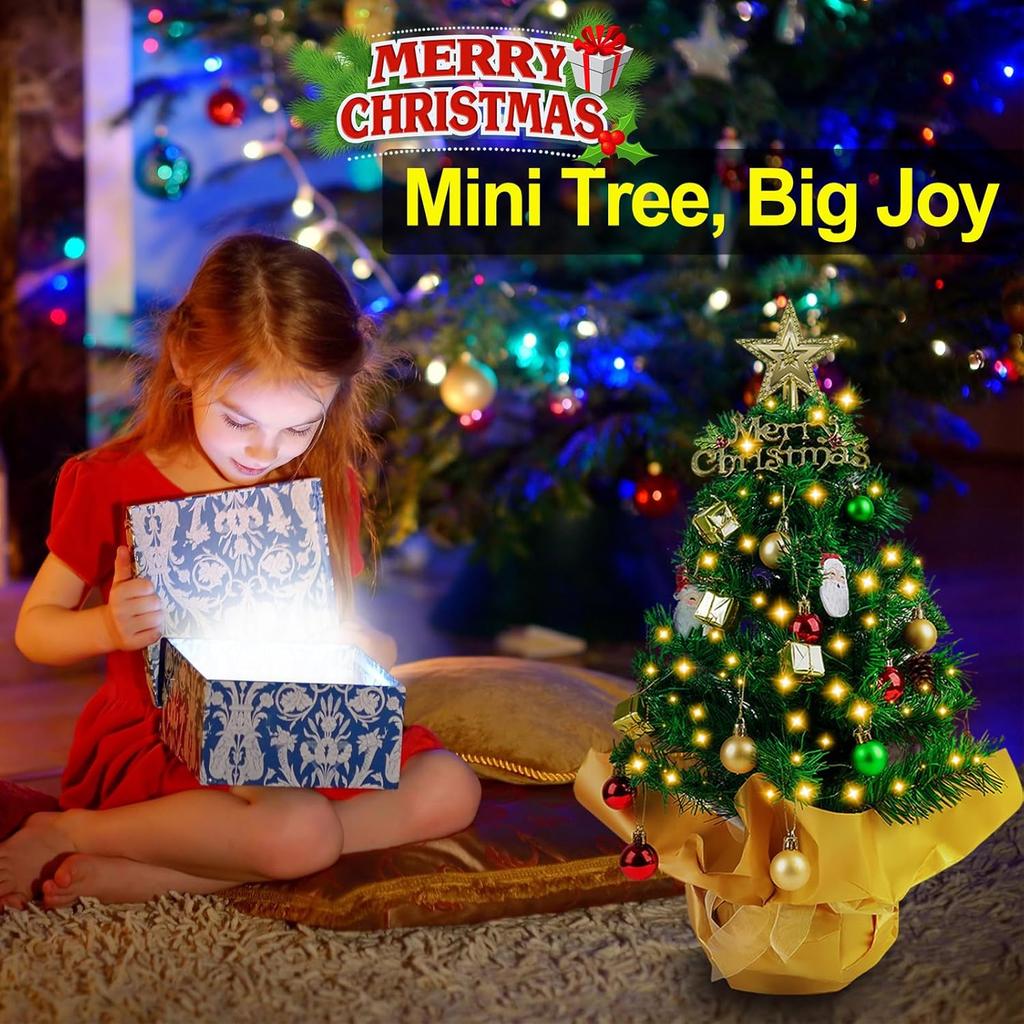 23-Inch Mini Christmas Tree with Lights, Star Topper & Ornaments for Desk or Office Holiday Decor