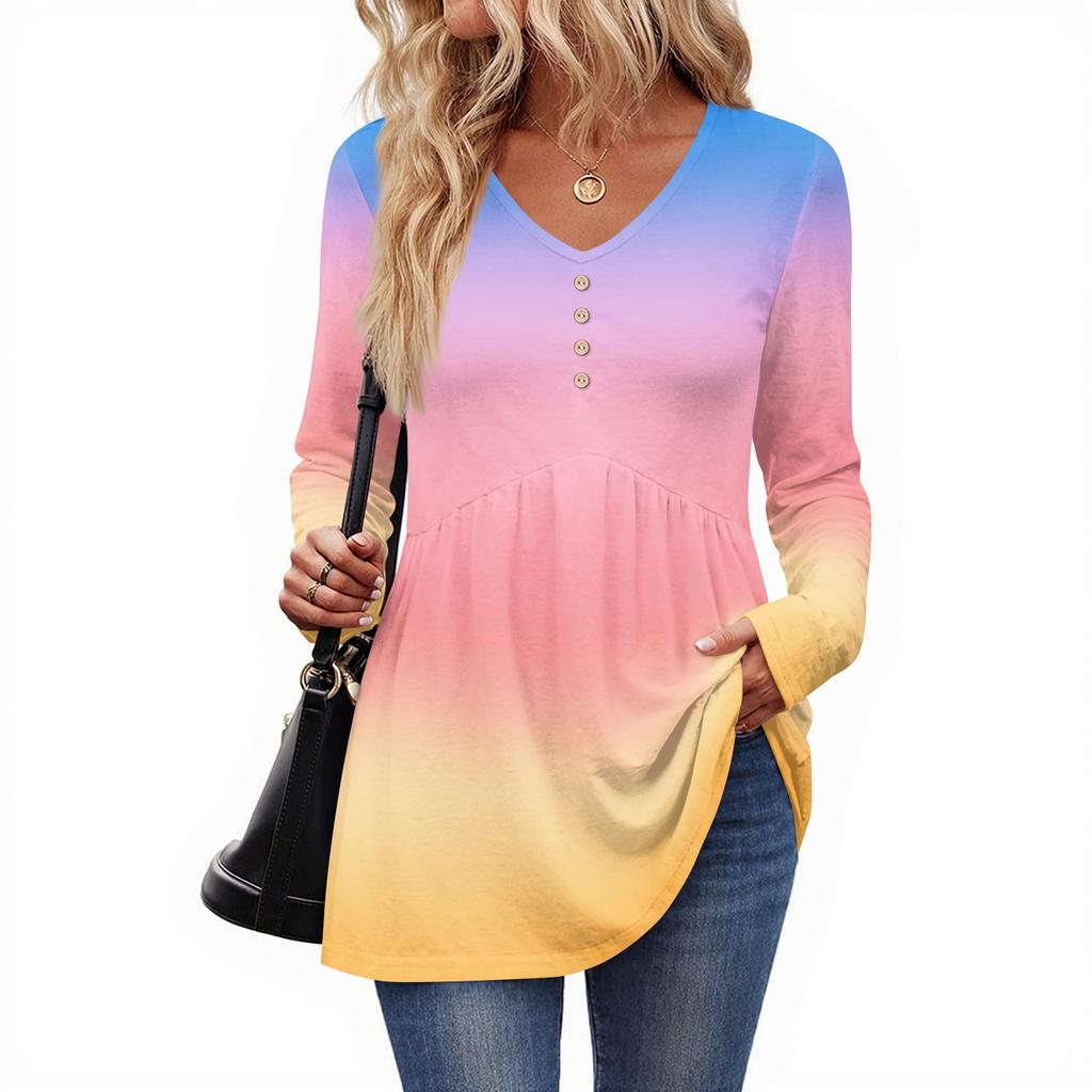 Women's Casual Fashion V-Neck Button Gradient Long Sleeve Top