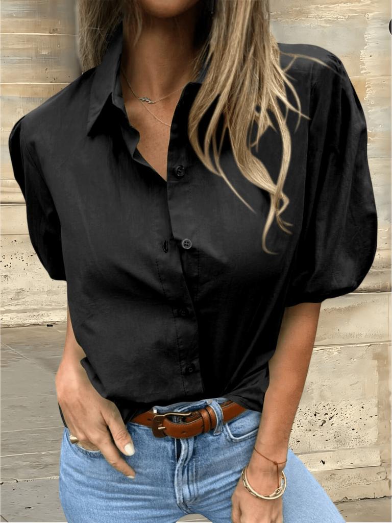 Damen Hemdbluse mit Kragen und Puffärmeln, zum Knöpfen, elegant-lässiges Sommeroberteil