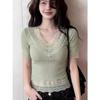 Gram Cotton Green Lace Top Summer New Temperament Women's Beautiful Slim Slim Slim Short-sleeved T-shirt