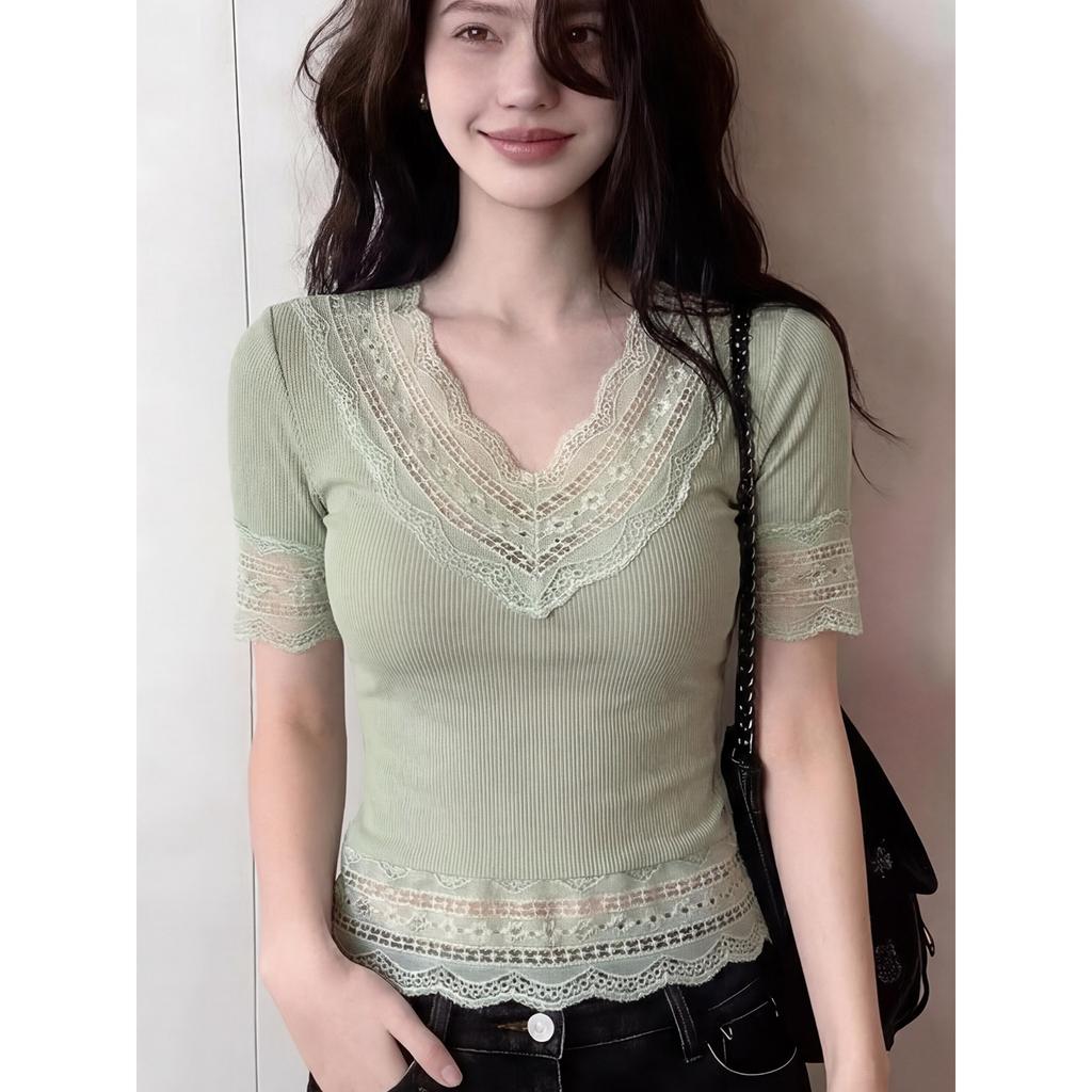 Gram Cotton Green Lace Top Summer New Temperament Women's Beautiful Slim Slim Slim Short-sleeved T-shirt